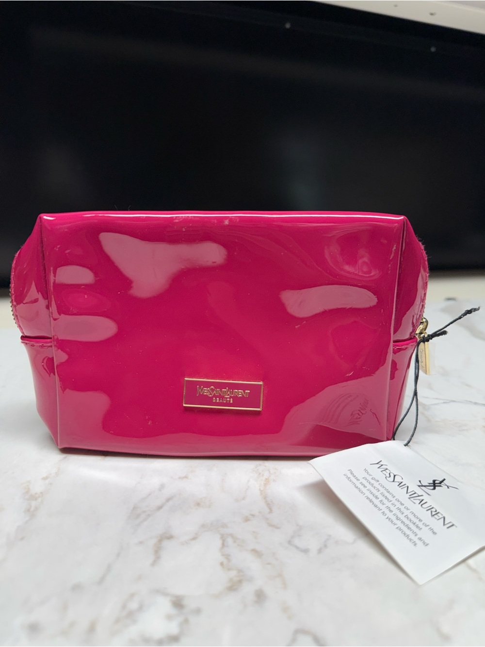 Yves Saint Laurent Patent Hot Pink Cosmetic Pouch with Gold Plaque